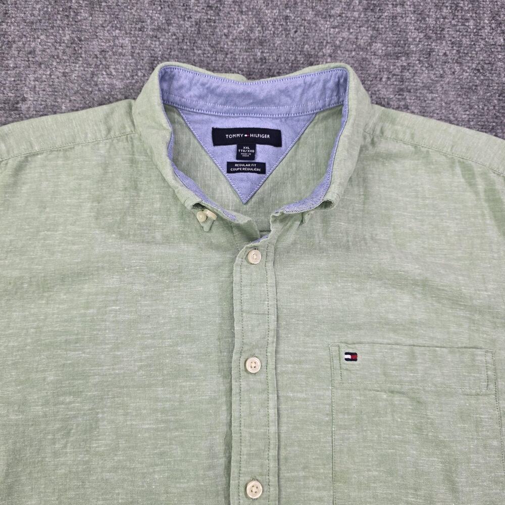 Tommy Hilfiger Shirt Mens XXL Green Linen Blend Short Sleeve Button Down Casual